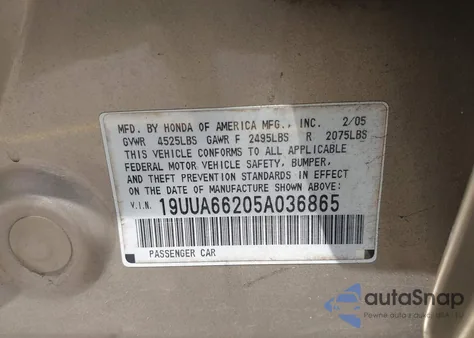 2005 Acura Tl z USA, uszkodzony, nr VIN 19UUA66205A036865